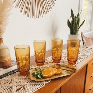 Set of 4 Vintage Anchor Hocking "Rainflower" Amber Glass Tumblers